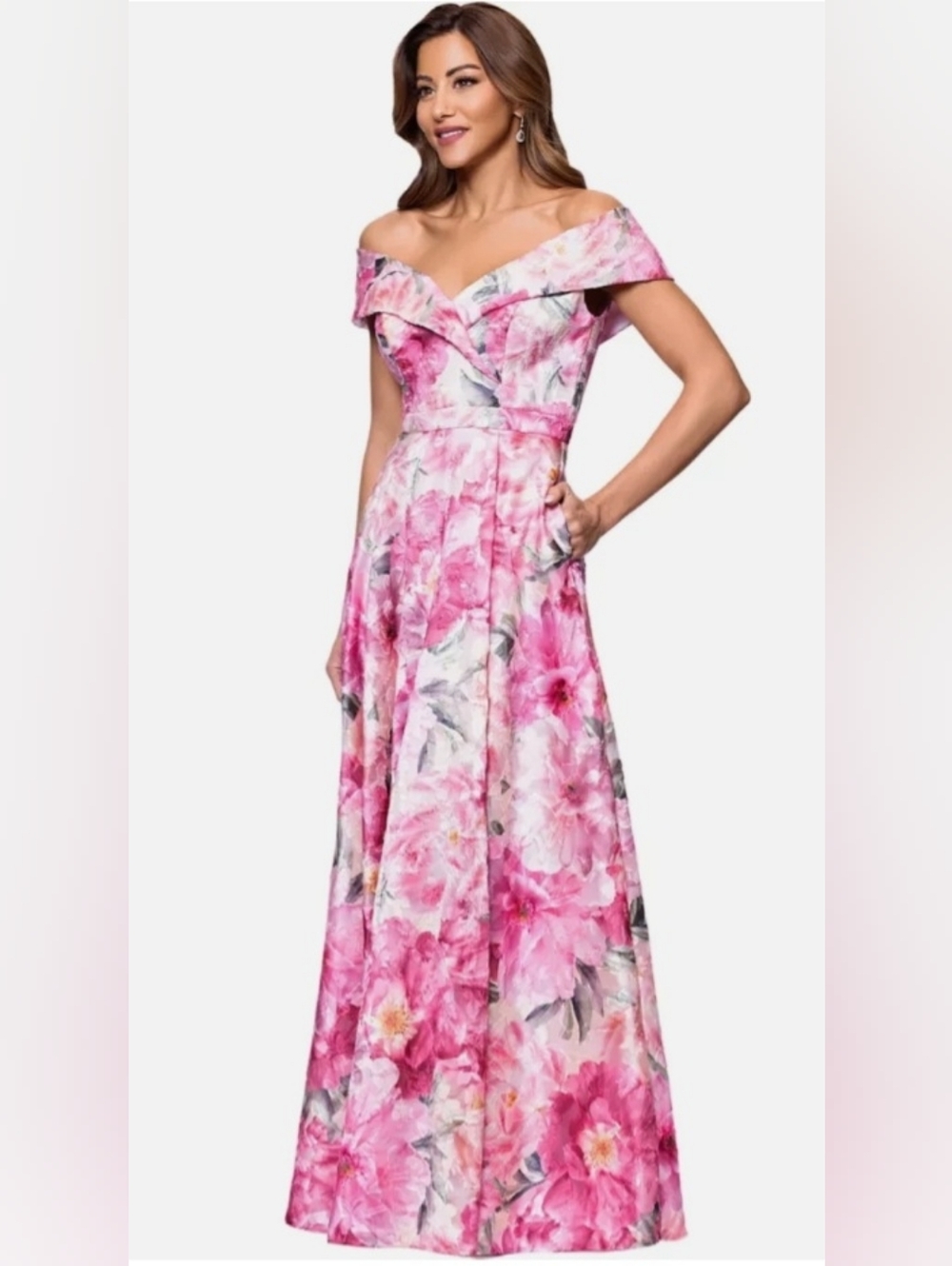 Xscape Pink Floral Off the Shoulder Evening Gown
